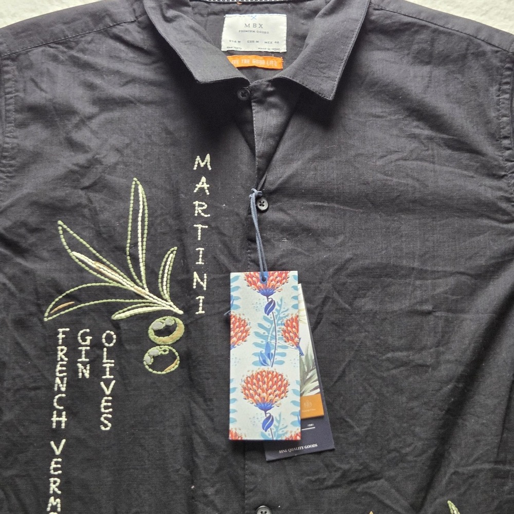 MBX Premium Goods Mens Martini Embroidered Button Down Shirt Black Medium NWT